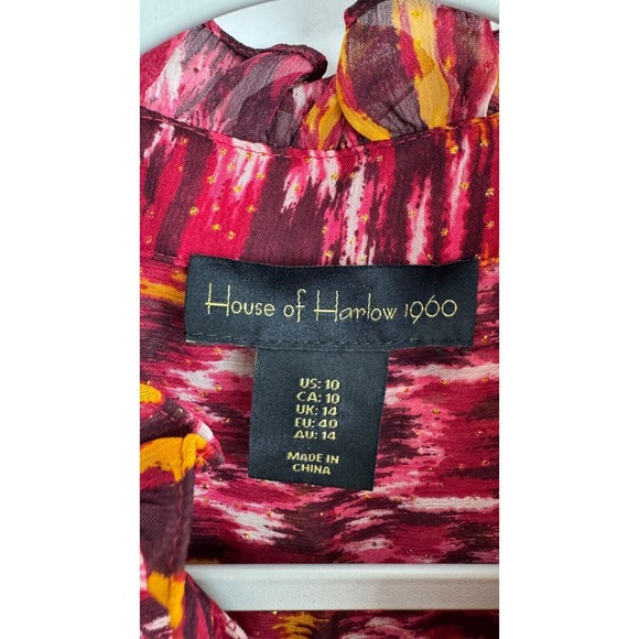 House of Harlow 1960 Womens Burgundy Abstract Dress Chiffon Ruffle Neck Size 10 - Picture 10 of 13